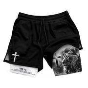John 3:16 Christian Gym Shorts for Men Lion Cross Design - Rust Field Wear