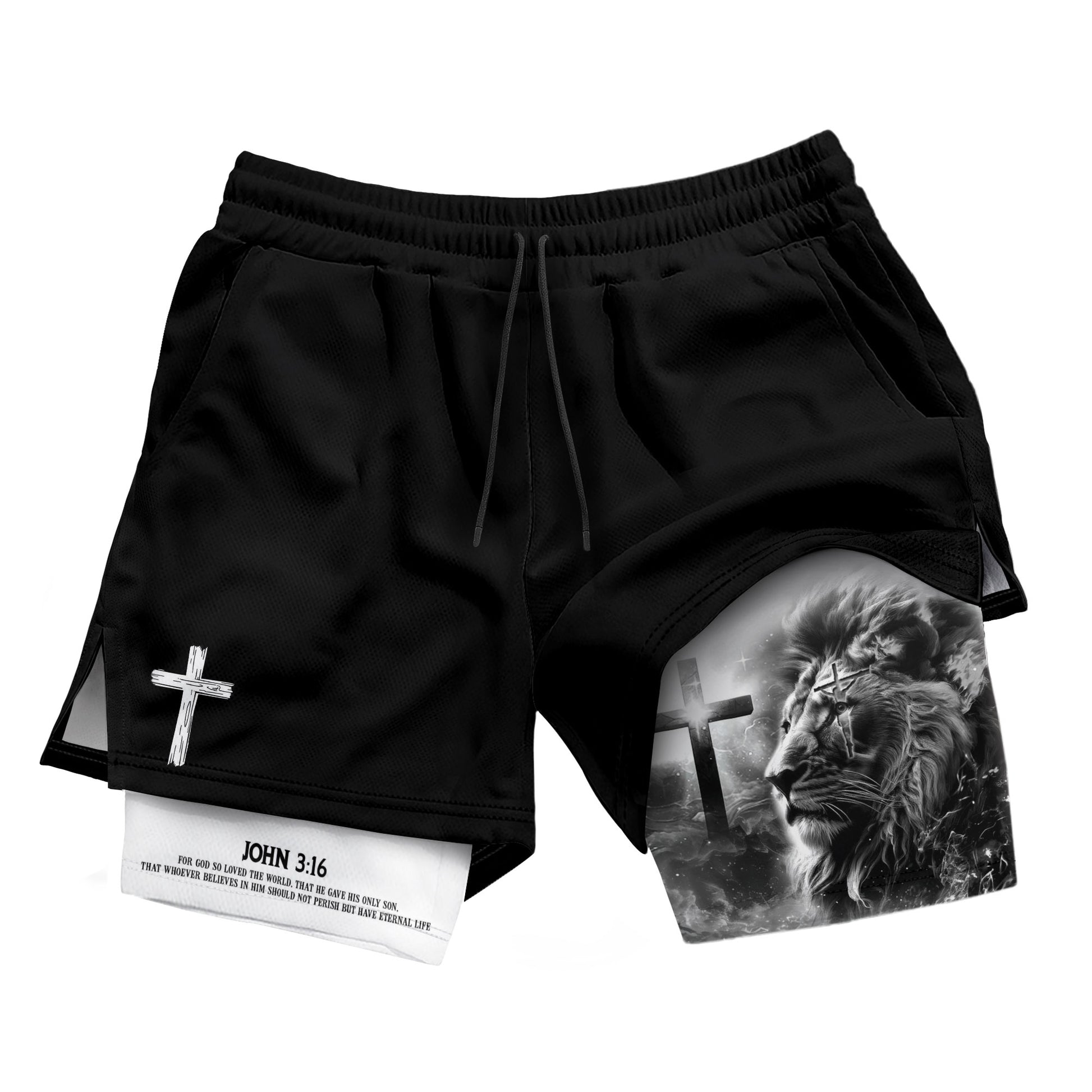 John 3:16 Christian Gym Shorts for Men Lion Cross Design - Rust Field Wear