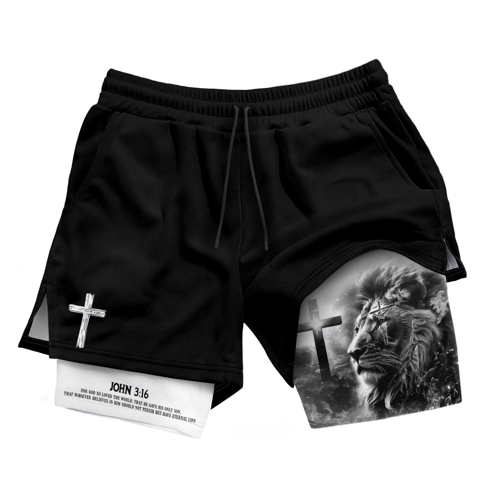John 3:16 Christian Gym Shorts for Men Lion Cross Design - Rust Field Wear