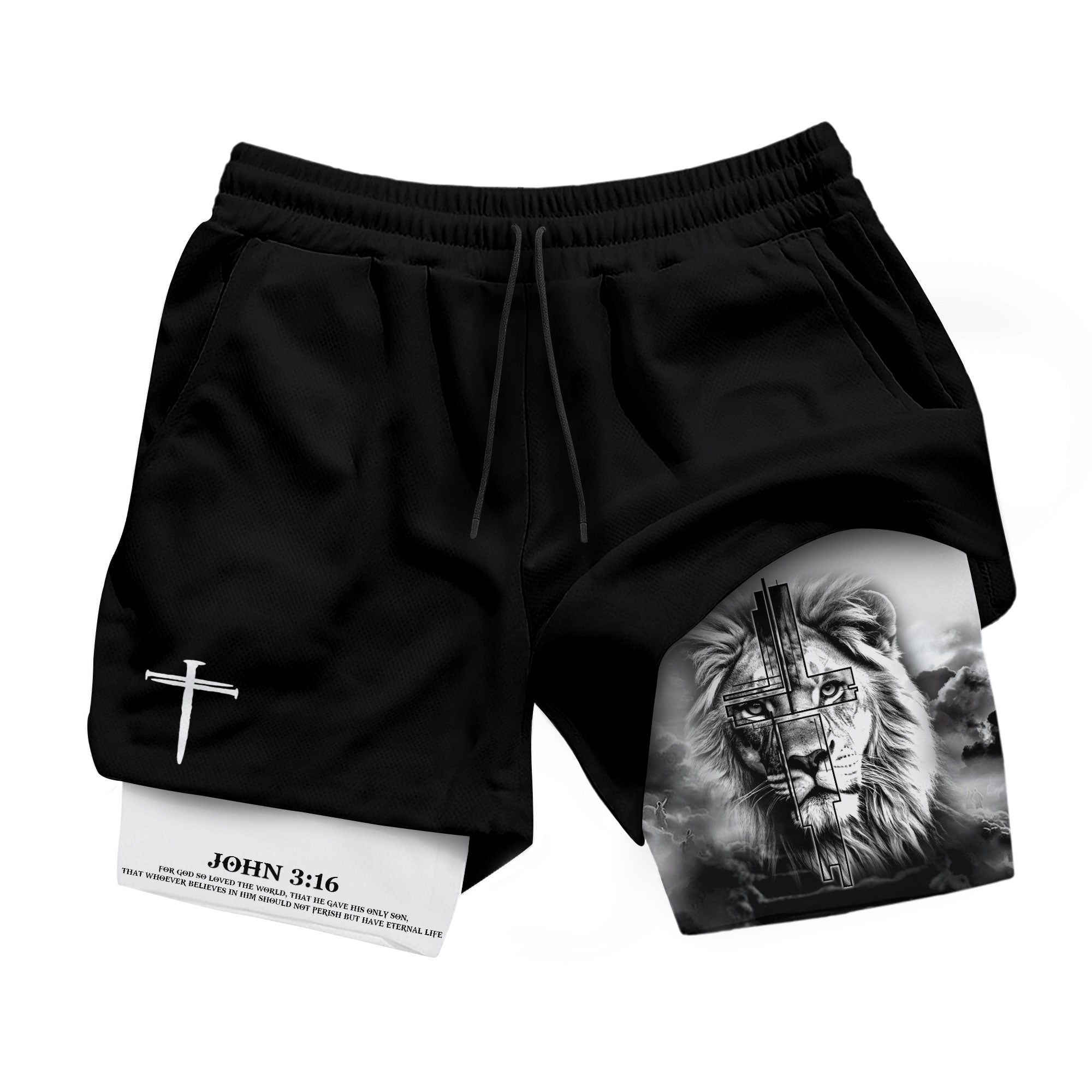 John 3 16 Christian Gym Shorts for Men Lion Cross Faith Shorts
