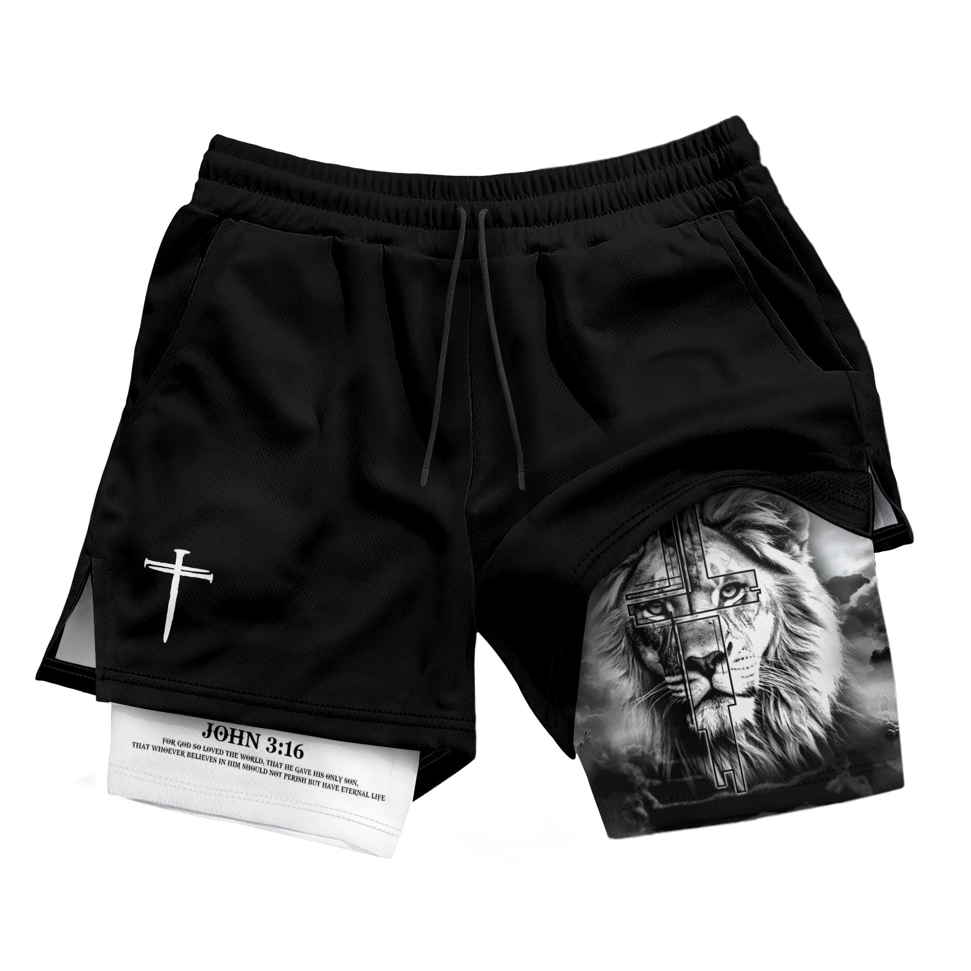 John 3:16 Christian Gym Shorts for Men Lion Cross Faith Shorts - Rust Field Wear