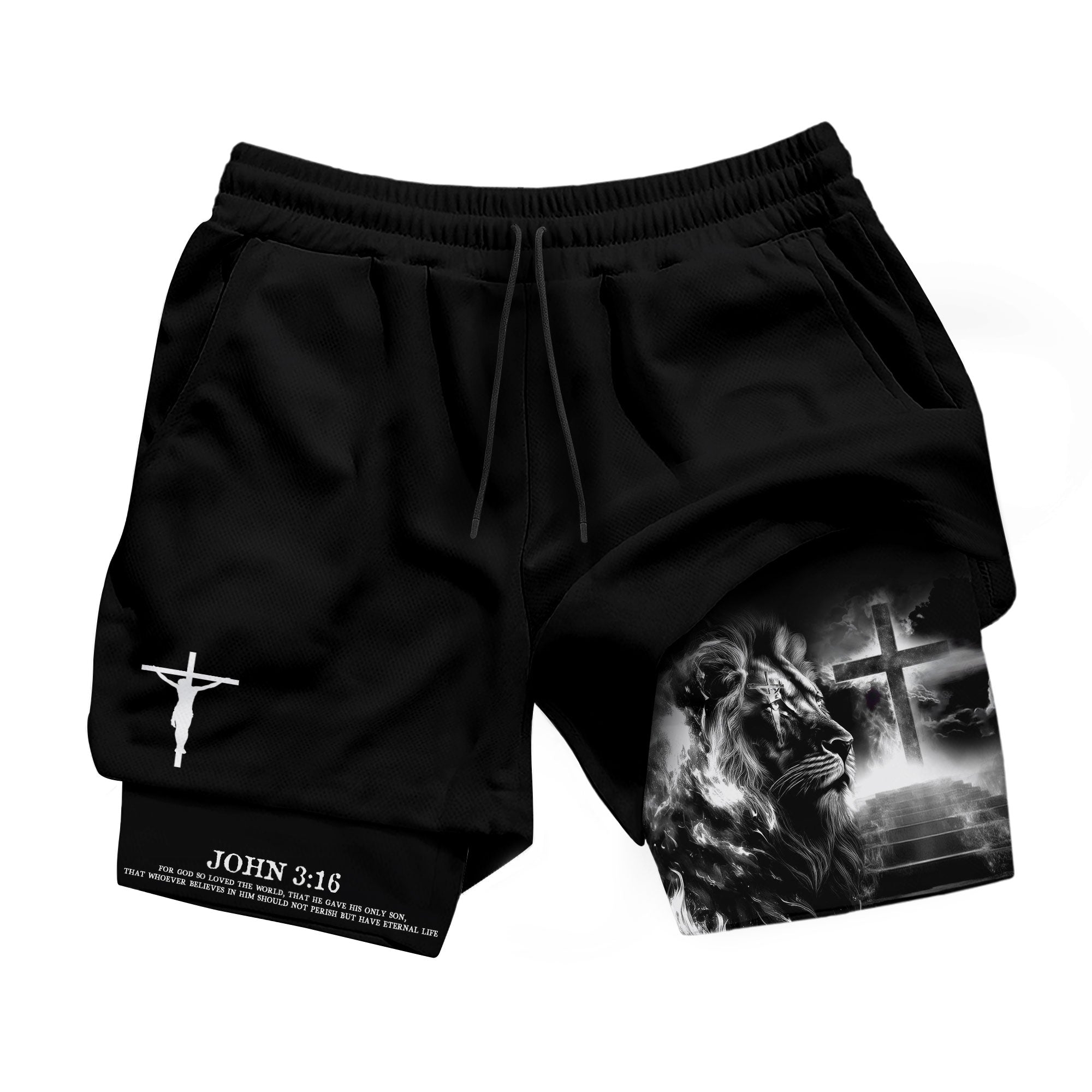 John 3 16 Christian Gym Shorts for Men Lion Cross Jesus Design