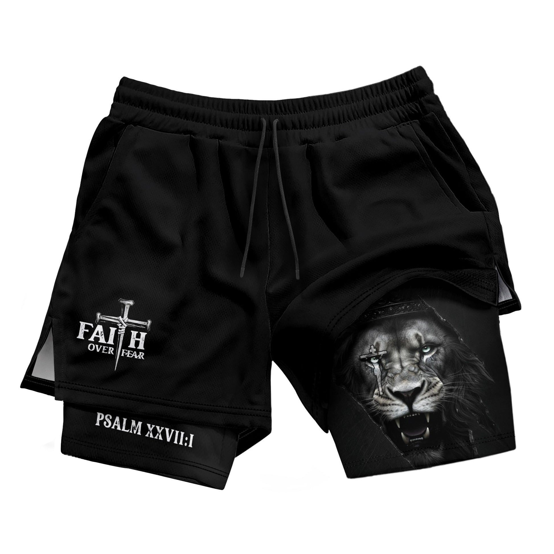 Psalm 27:1 Faith Over Fear Christian Gym Shorts Lion Cross Design - Rust Field Wear