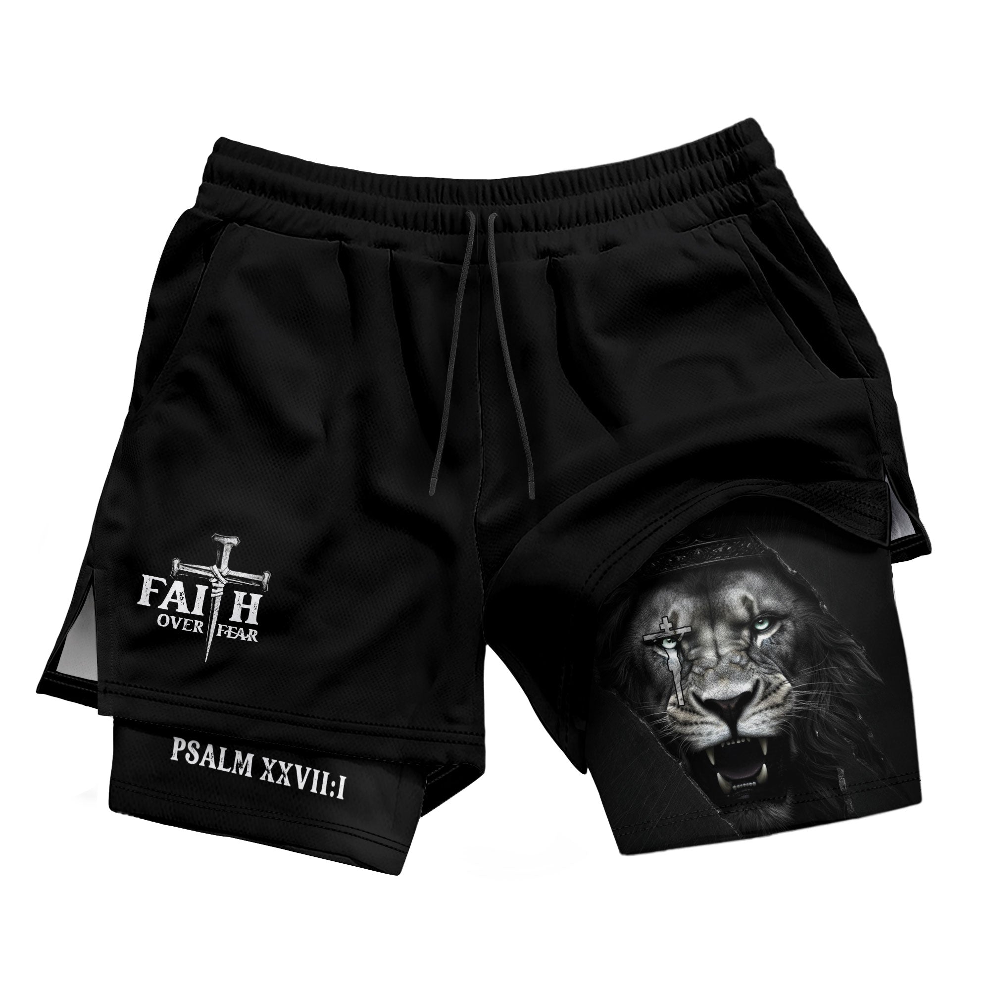 Psalm 27:1 Faith Over Fear Christian Gym Shorts Lion Cross Design - Rust Field Wear