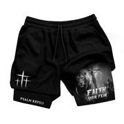 Psalm 27:1 Faith Over Fear Christian Gym Shorts Lion and Cross Design