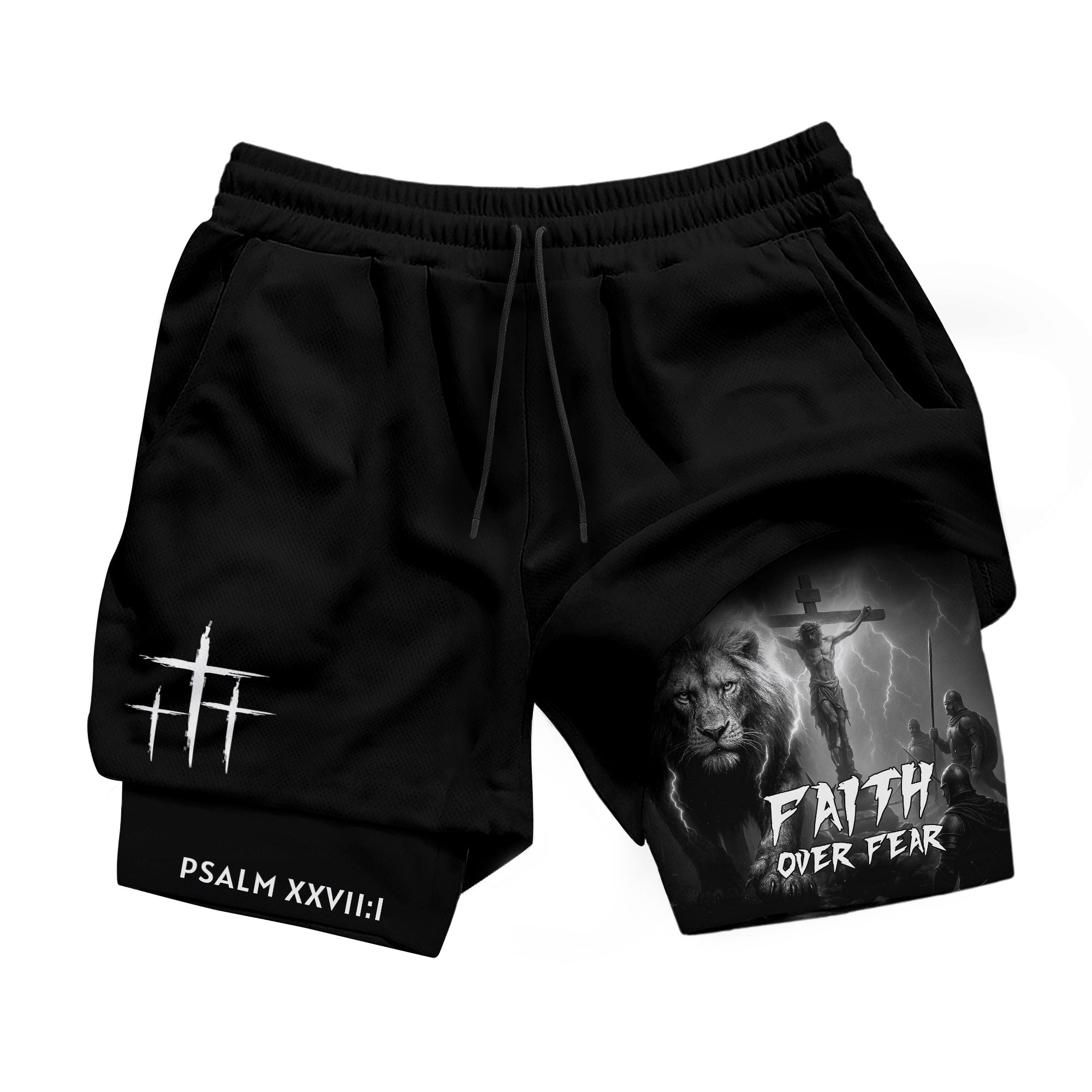 Psalm 27 1 Faith Over Fear Christian Gym Shorts Lion and Cross Design