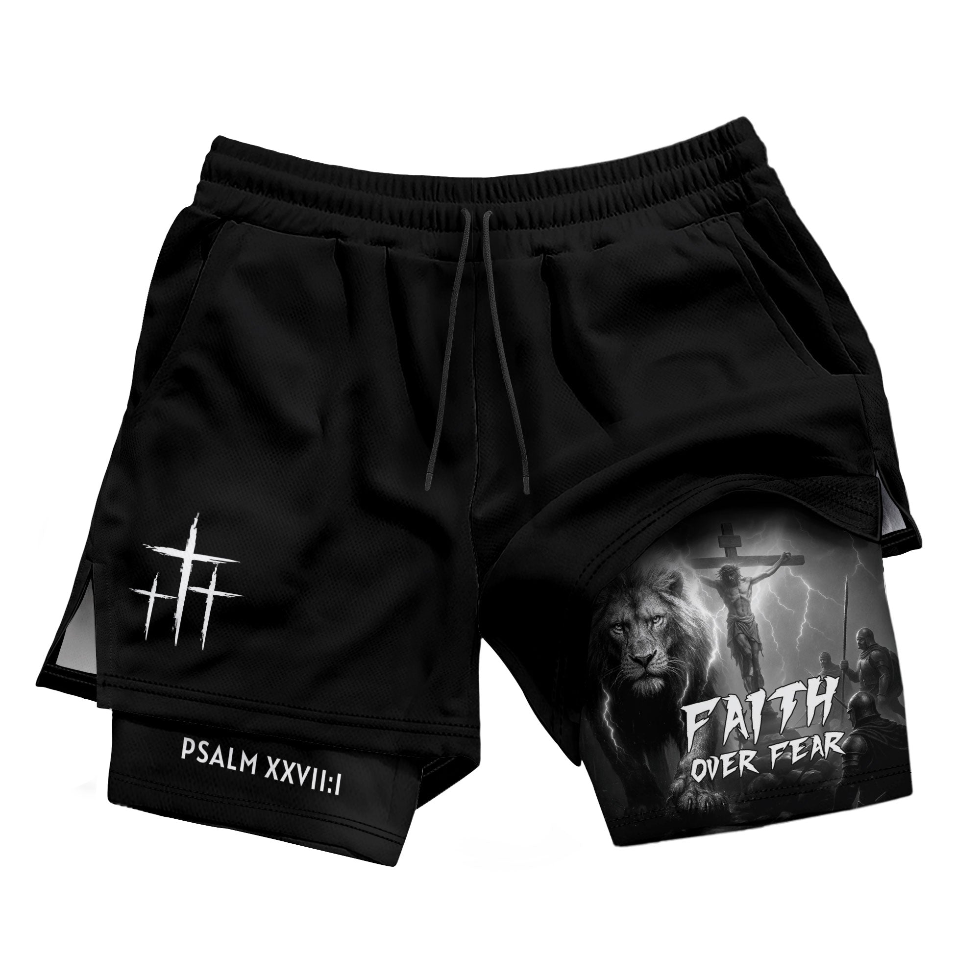 Psalm 27:1 Faith Over Fear Christian Gym Shorts Lion and Cross Design - Rust Field Wear