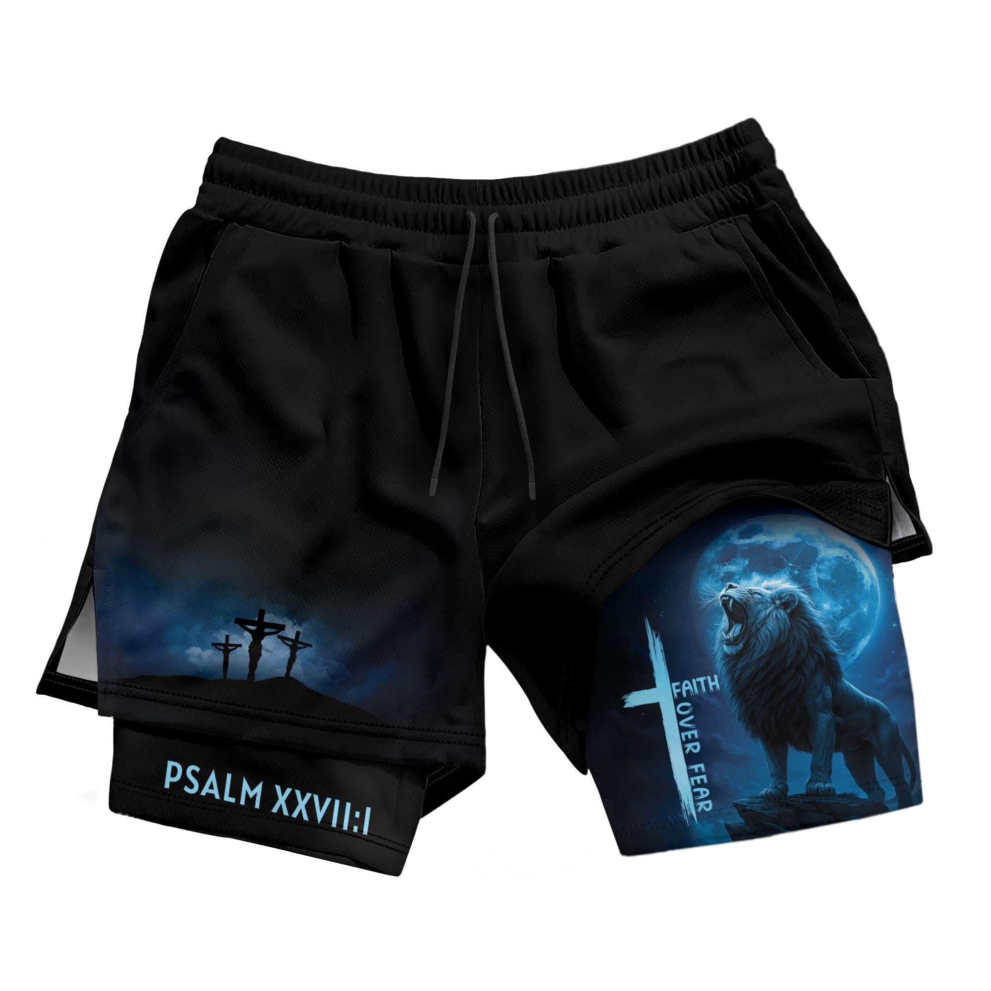Psalm 27:1 Faith Over Fear Blue Lion Christian Gym Shorts - Rust Field Wear