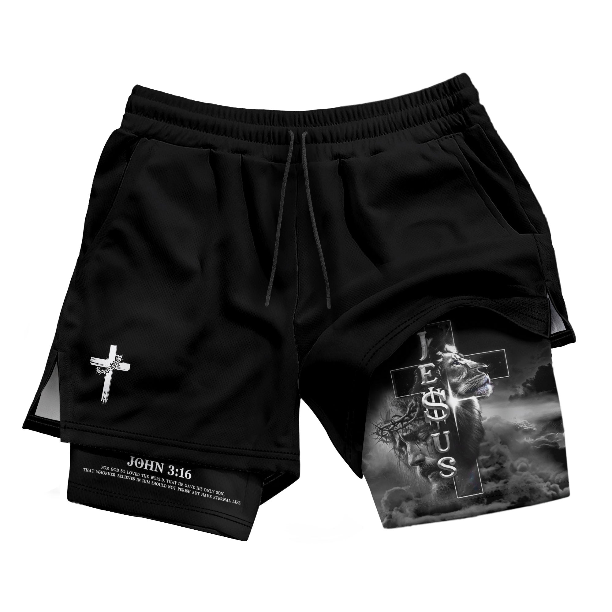 John 3:16 Christian Shorts for Men Jesus Cross Lion Design - Rust Field Wear