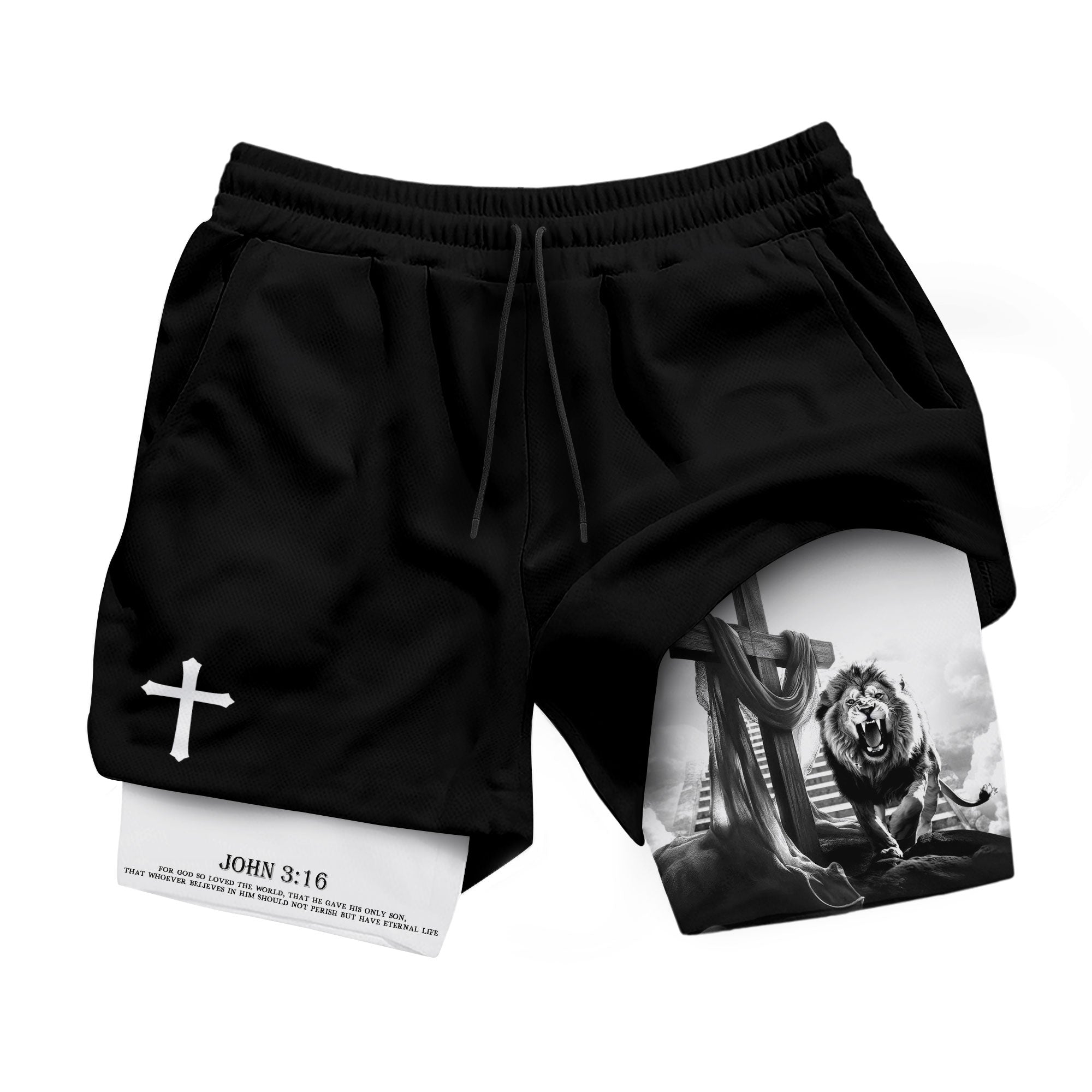 Christian Lion Cross Shorts for Men John 3 16 Bible Verse