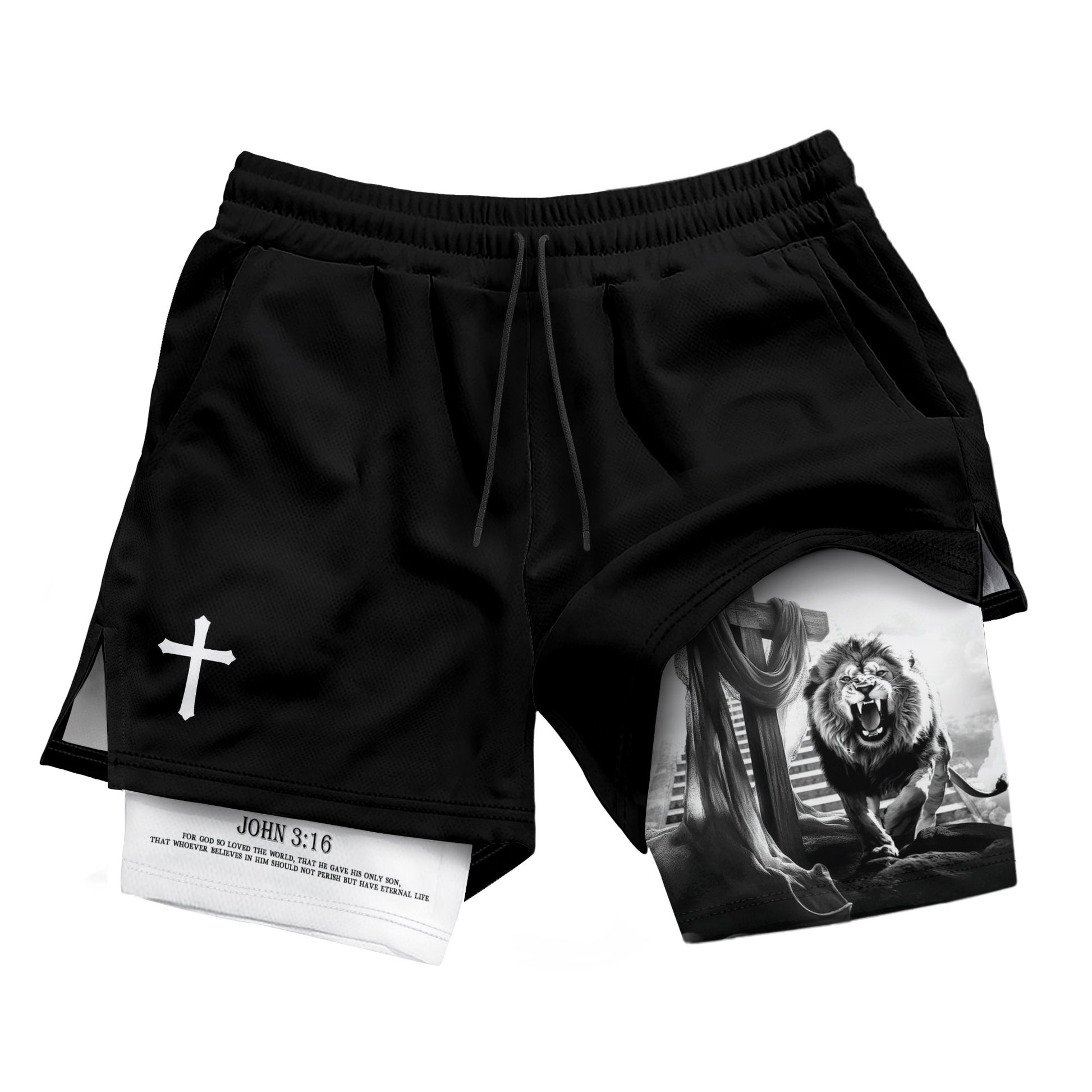 Christian Lion Cross Shorts for Men John 3:16 Bible Verse - Rust Field Wear
