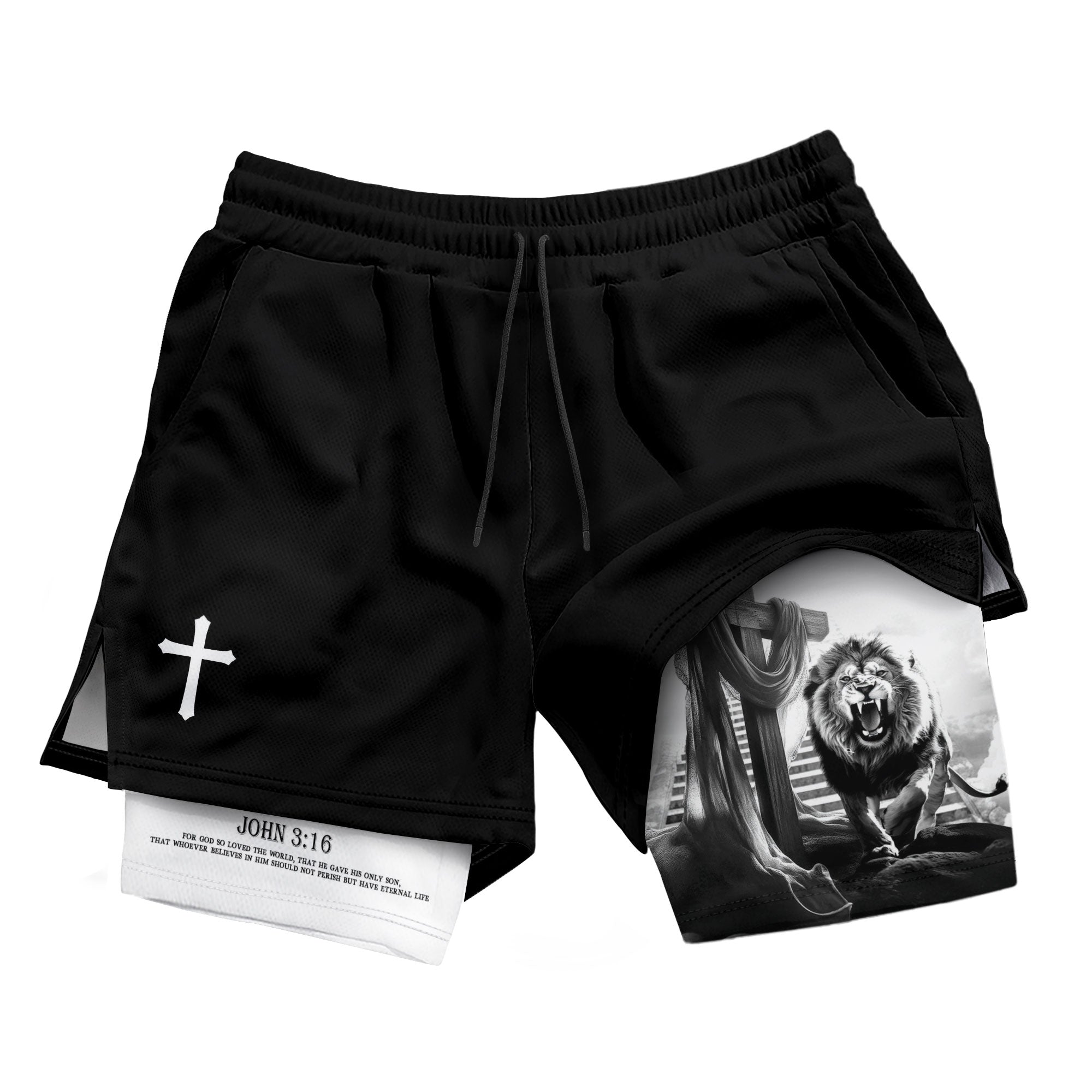 Christian Lion Cross Shorts for Men John 3:16 Bible Verse - Rust Field Wear