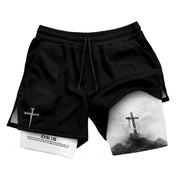 John 3:16 Christian Gym Shorts for Men with Liner Cross Design Religious - Rust Field Wear