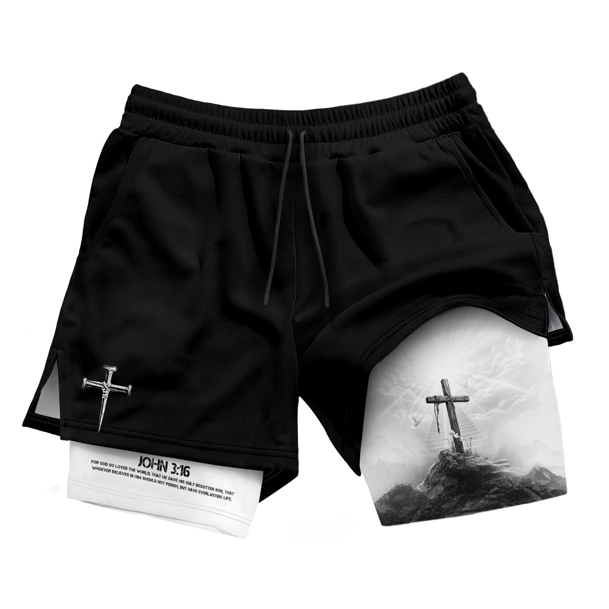 John 3:16 Christian Gym Shorts for Men with Liner Cross Design Religious - Rust Field Wear