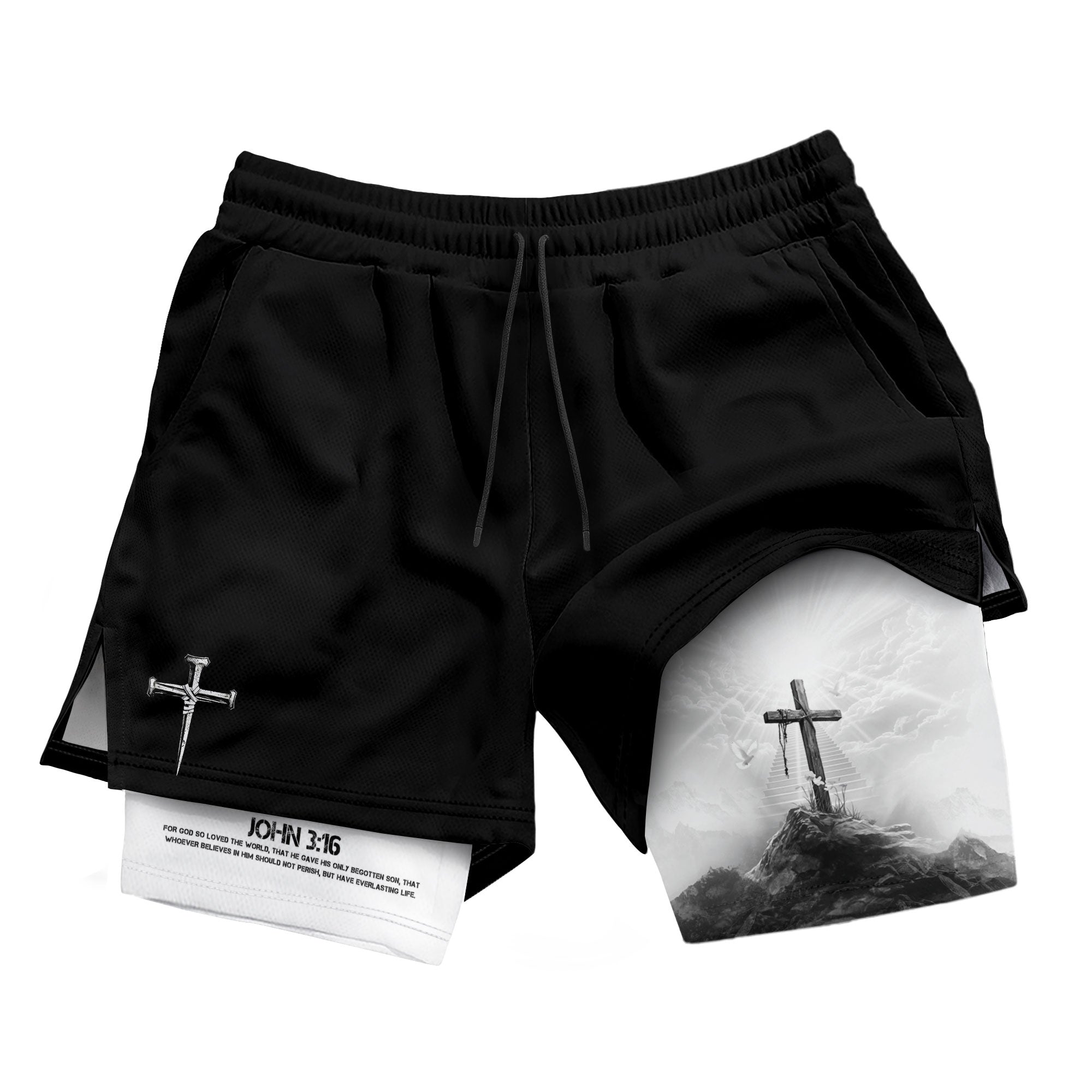 John 3:16 Christian Gym Shorts for Men with Liner Cross Design Religious - Rust Field Wear