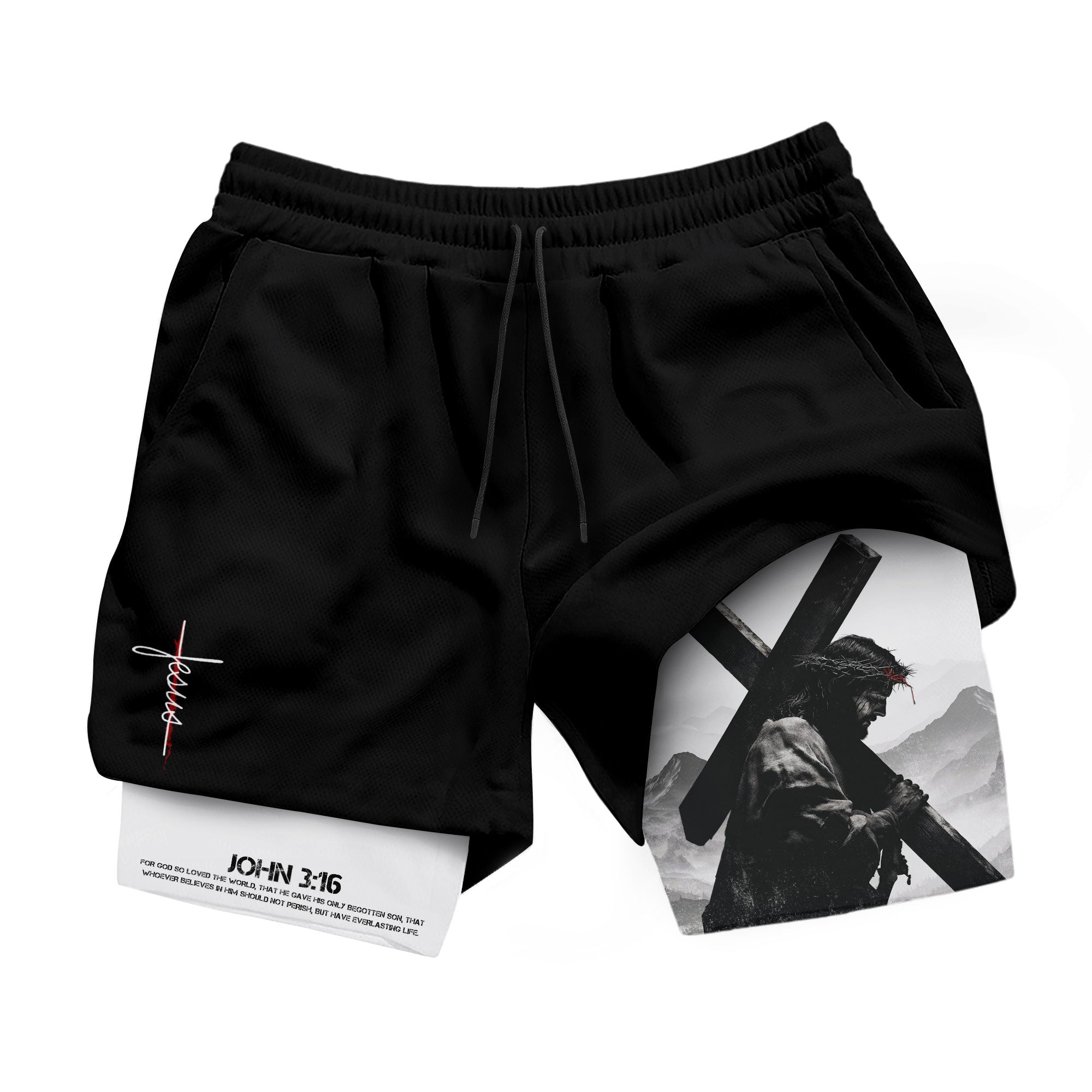 John 3:16 Christian Gym Shorts for Men with Liner Jesus Cross Design Religious