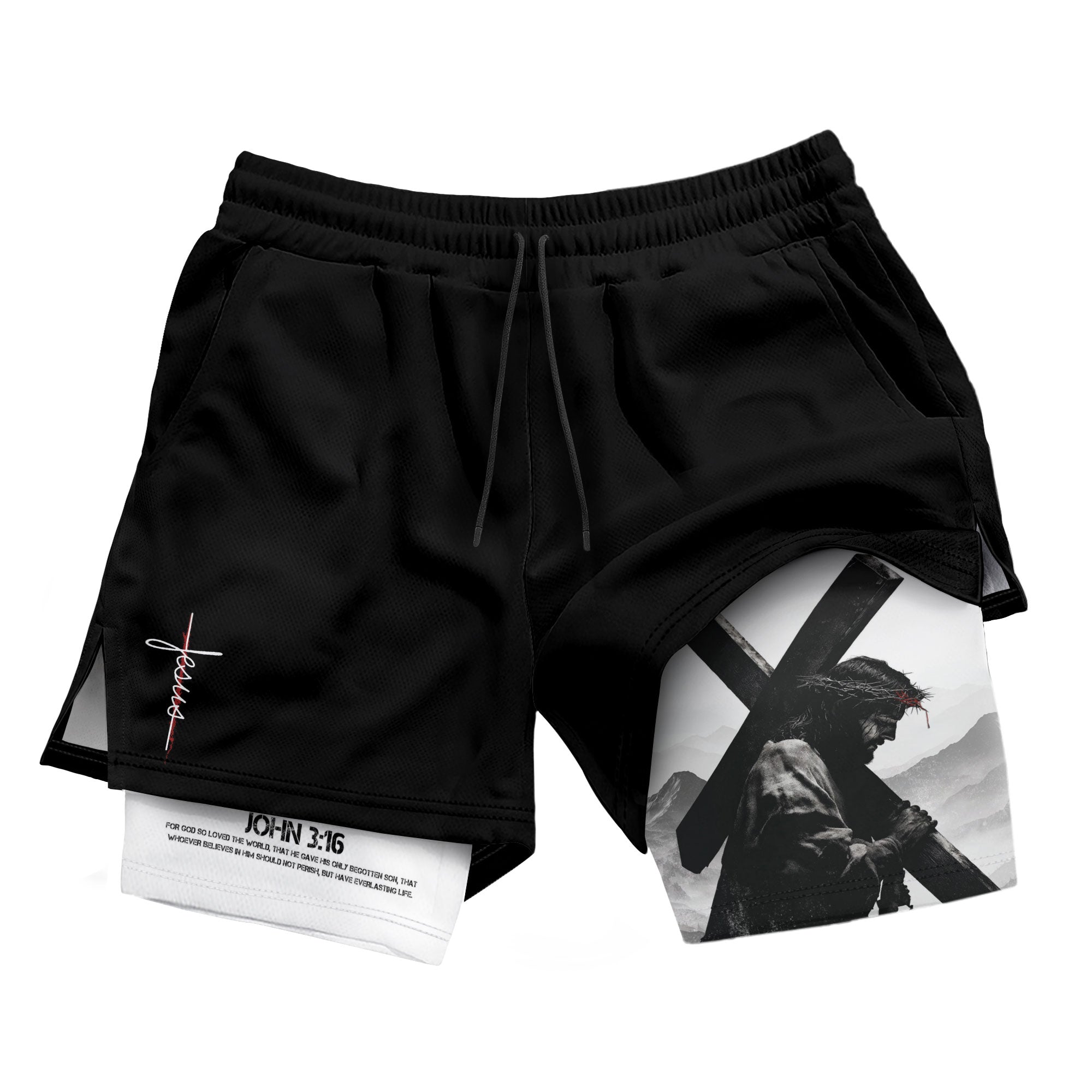 John 3:16 Christian Gym Shorts for Men with Liner Jesus Cross Design Religious - Rust Field Wear