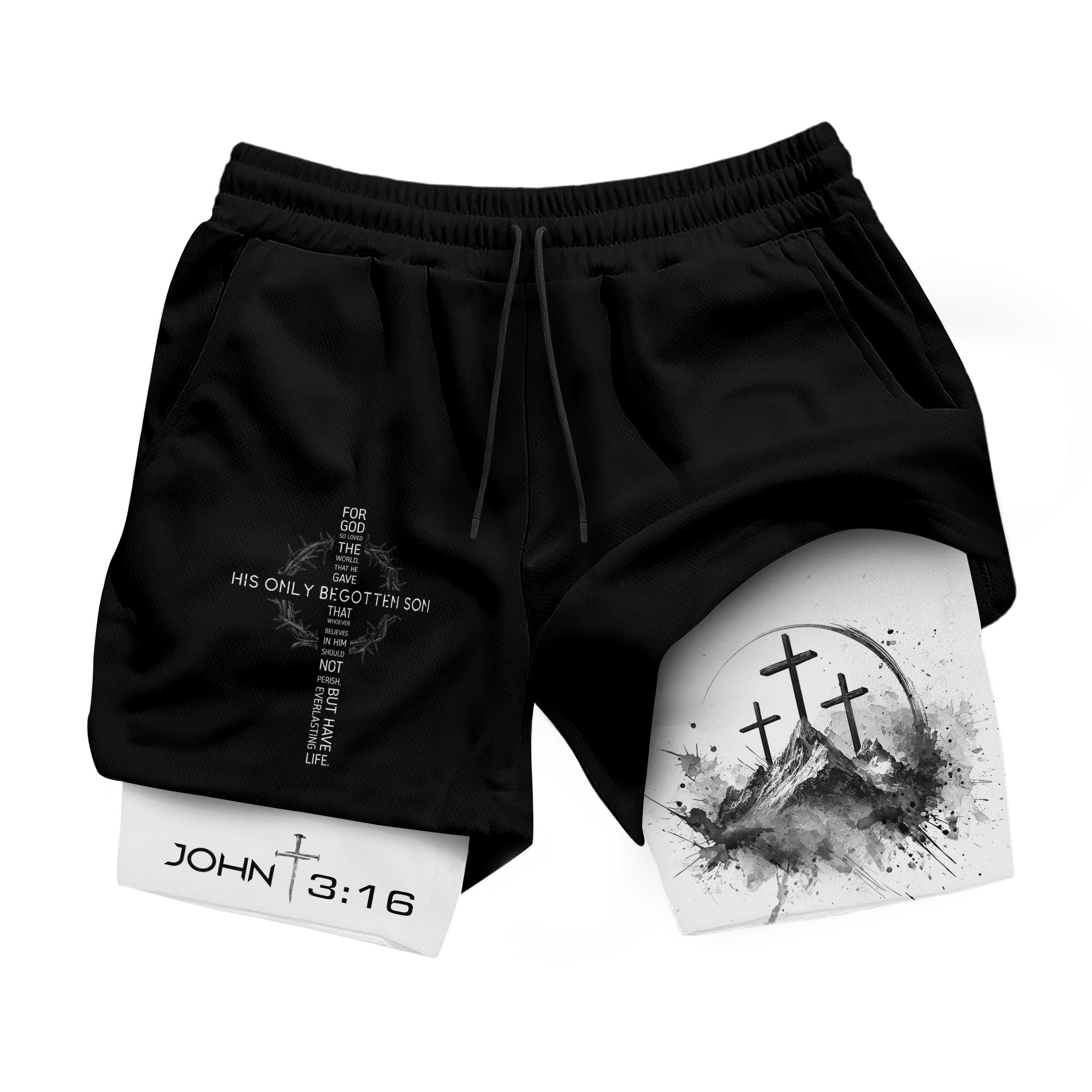 John 3:16 Christian Gym Shorts for Men with Liner Mountain Cross Design