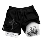 John 3:16 Christian Gym Shorts for Men with Liner Mountain Cross Design - Rust Field Wear
