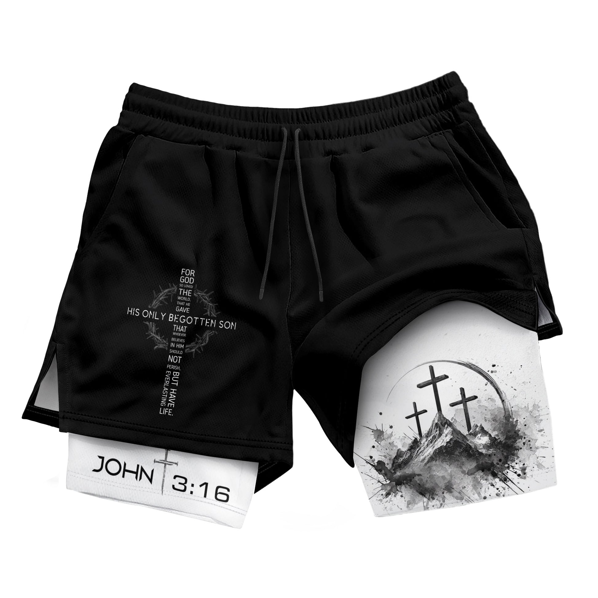 John 3:16 Christian Gym Shorts for Men with Liner Mountain Cross Design - Rust Field Wear