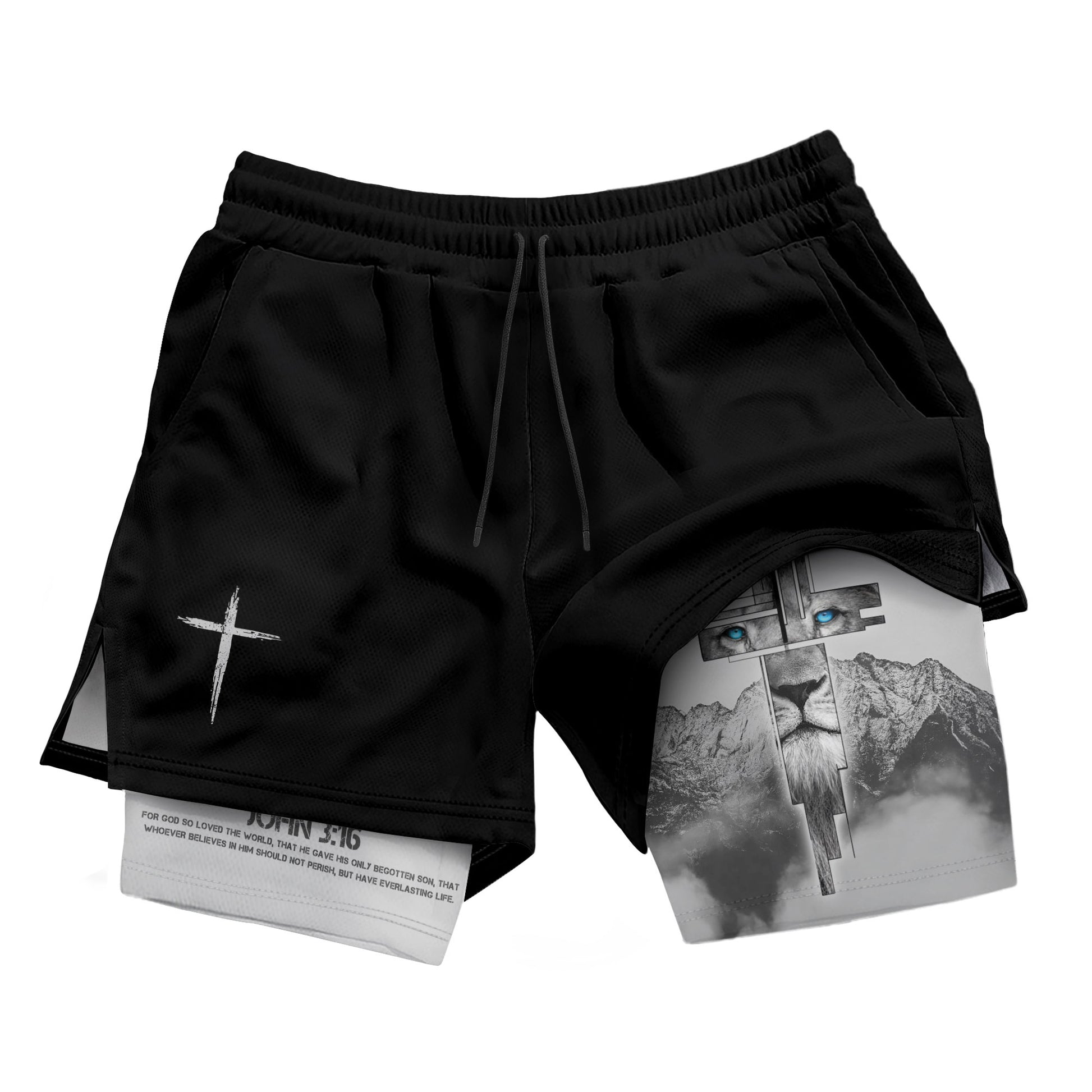 John 3:16 Christian Gym Shorts for Men with Liner Lion Cross Design - Rust Field Wear