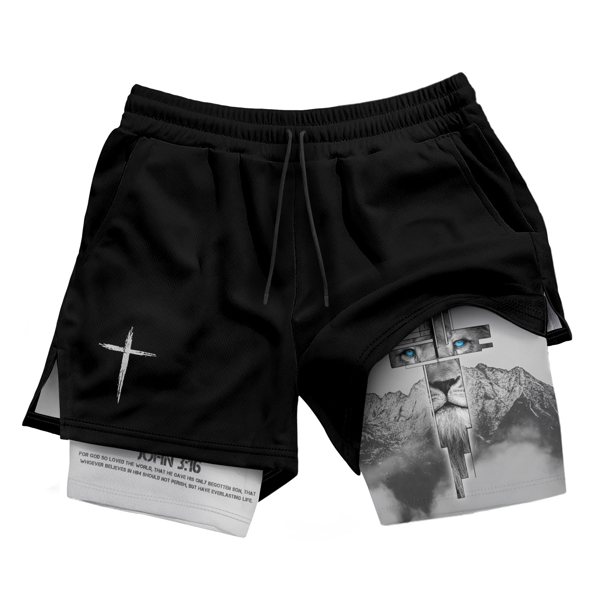 John 3:16 Christian Gym Shorts for Men with Liner Lion Cross Design - Rust Field Wear