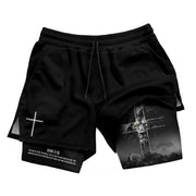 John 3:16 Christian Gym Shorts for Men with Liner Golden Eye Lion Design - Rust Field Wear