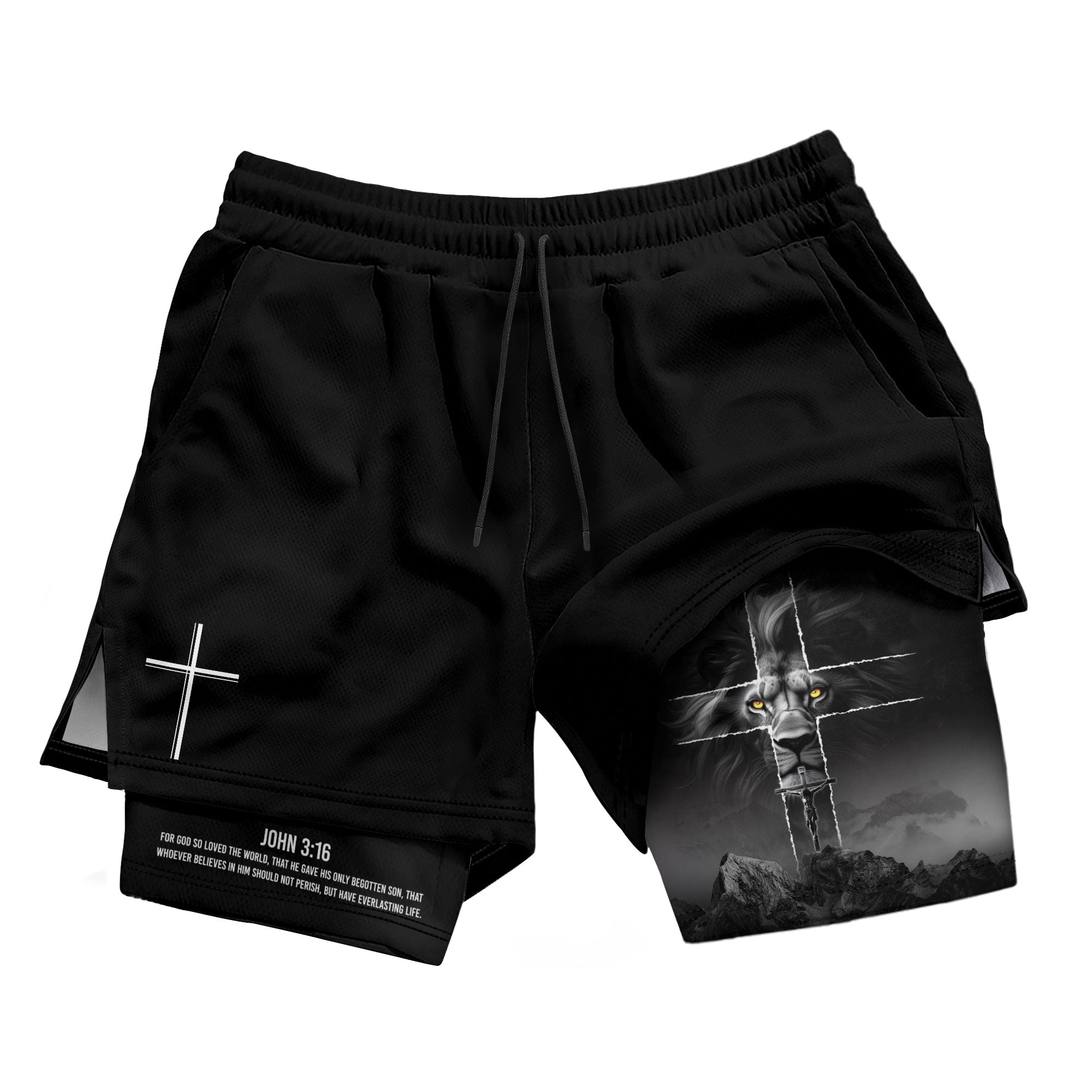 John 3:16 Christian Gym Shorts for Men with Liner Golden Eye Lion Design - Rust Field Wear