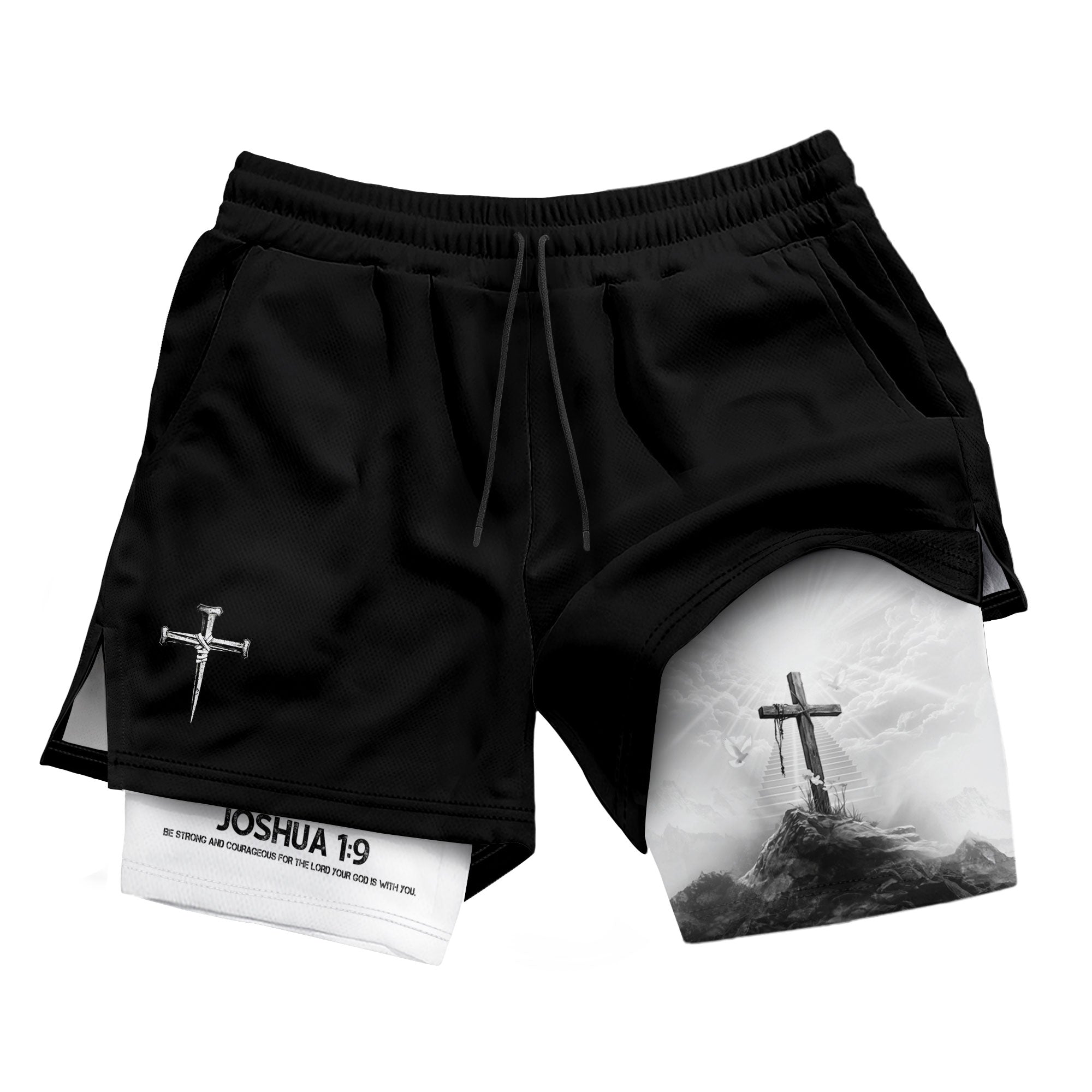 Joshua 1:9 Cross Mountain Christian Gym Shorts Faith Strength - Rust Field Wear
