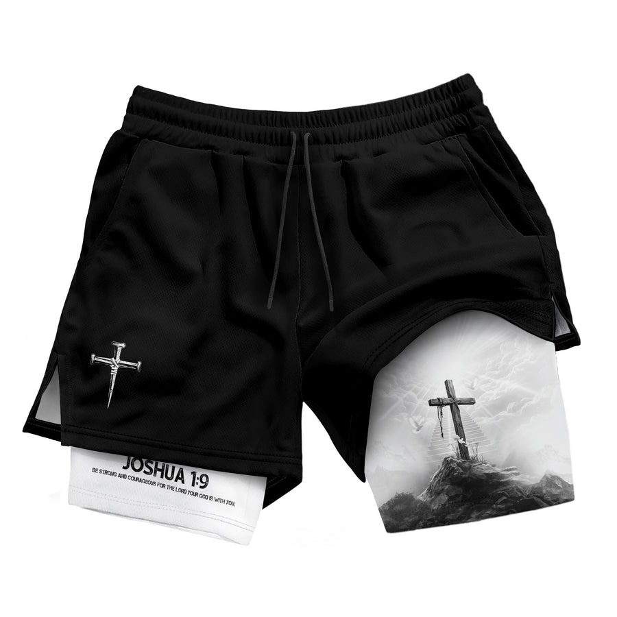 Joshua 1:9 Cross Mountain Christian Gym Shorts Faith Strength