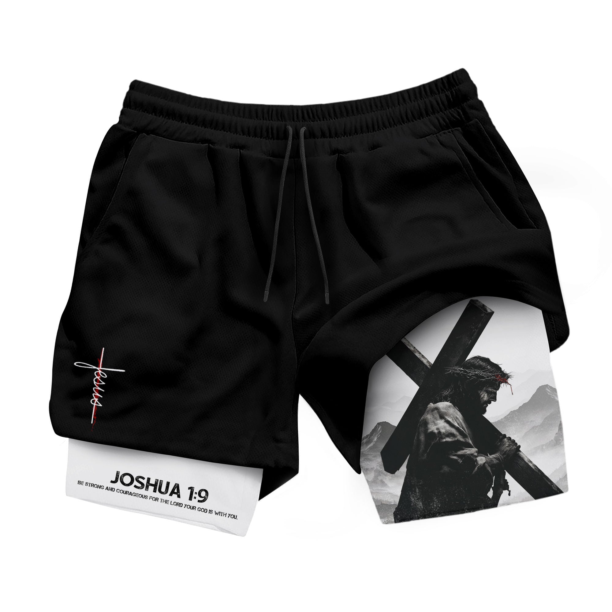 Joshua 1 9 Jesus Carrying Cross Christian Gym Shorts Faith Strength