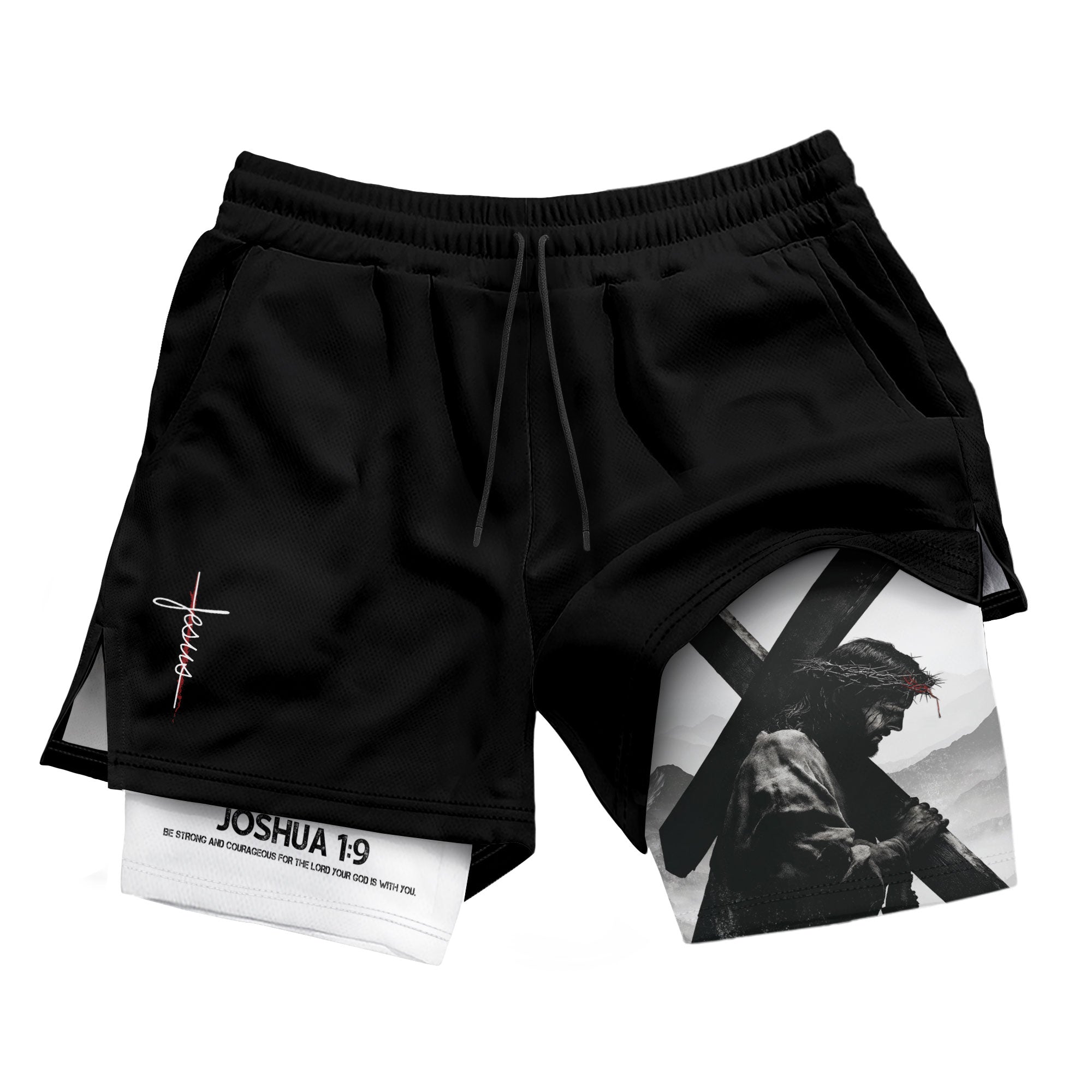 Joshua 1:9 Jesus Carrying Cross Christian Gym Shorts Faith Strength - Rust Field Wear