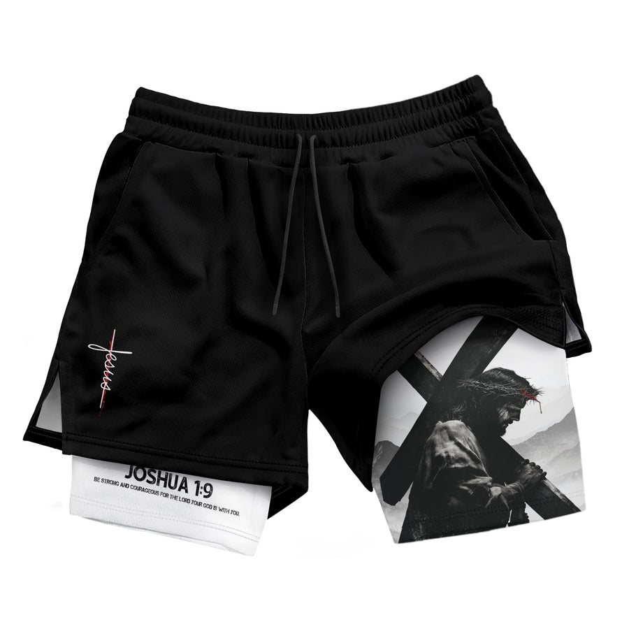 Joshua 1:9 Jesus Carrying Cross Christian Gym Shorts Faith Strength