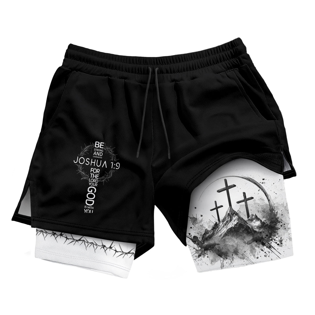 Joshua 1:9 Three Crosses Christian Gym Shorts Faith Over Fear - Rust Field Wear