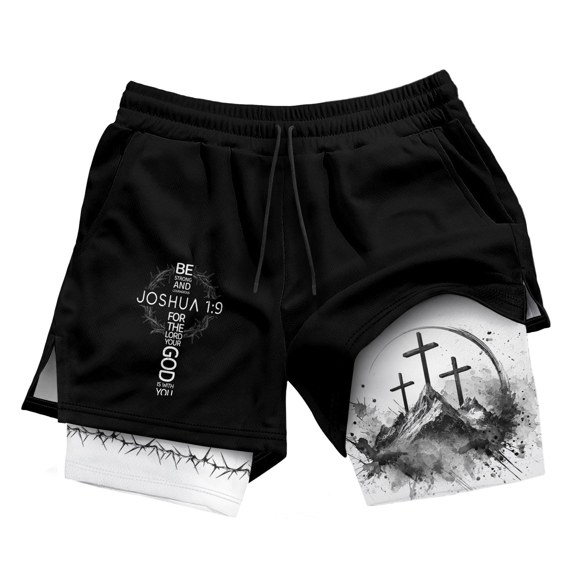 Joshua 1:9 Three Crosses Christian Gym Shorts Faith Over Fear - Rust Field Wear