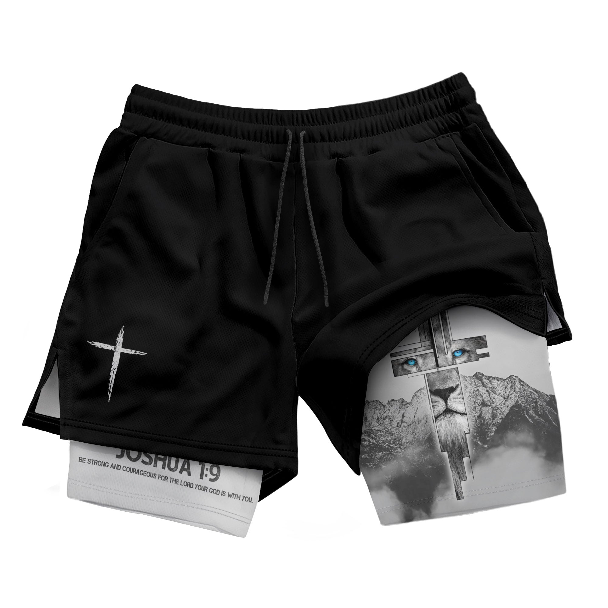 Joshua 1:9 Lion Cross Mountain Christian Gym Shorts Faith Strength - Rust Field Wear