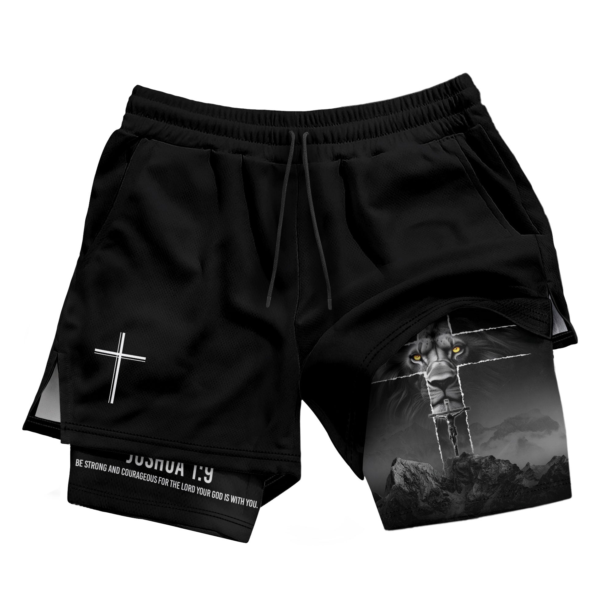 Joshua 1:9 Lion Cross Faith Christian Gym Shorts Bible Verse - Rust Field Wear