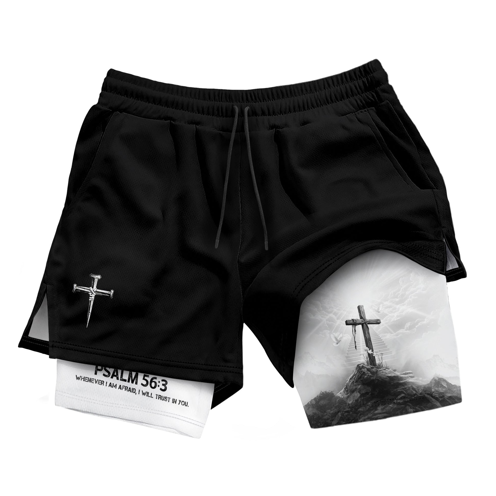 Psalm 56:3 Cross on the Mountain Christian Gym Shorts - Rust Field Wear