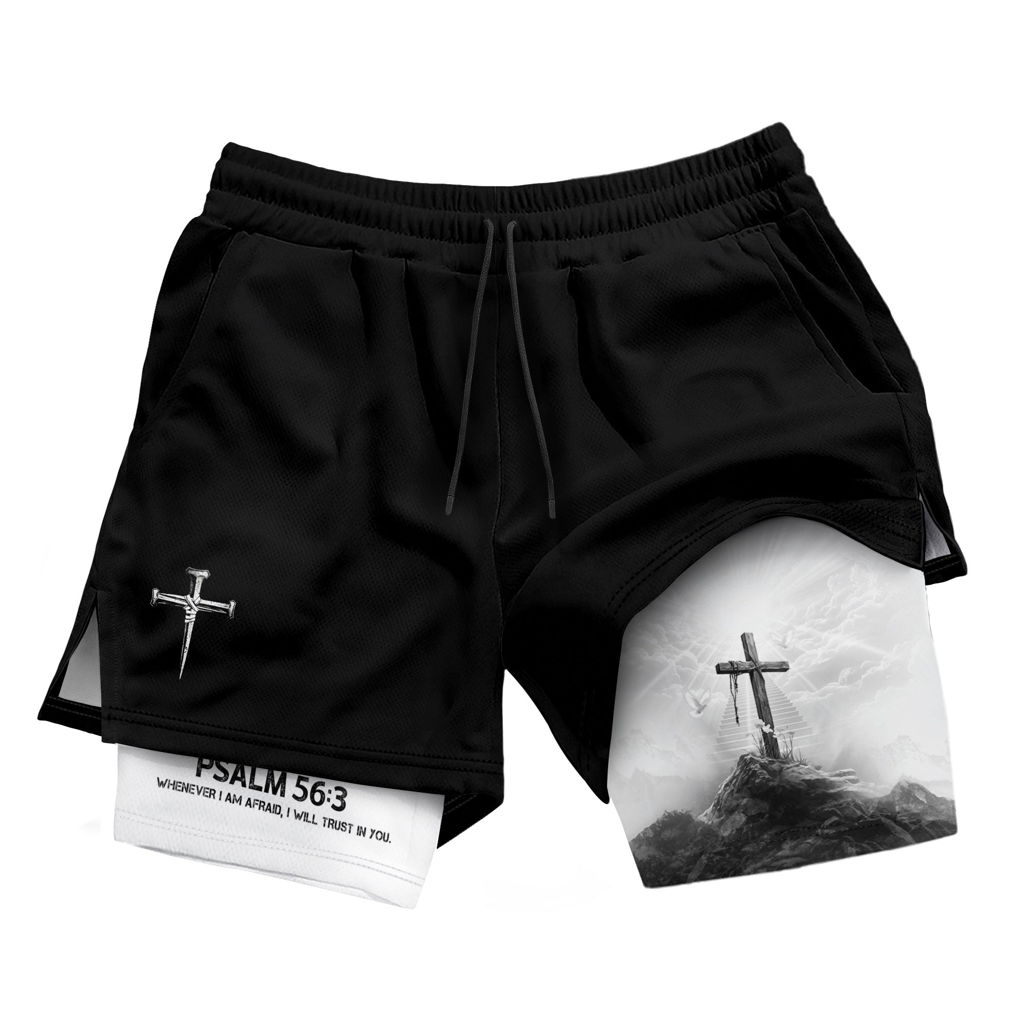 Psalm 56:3 Cross on the Mountain Christian Gym Shorts - Rust Field Wear