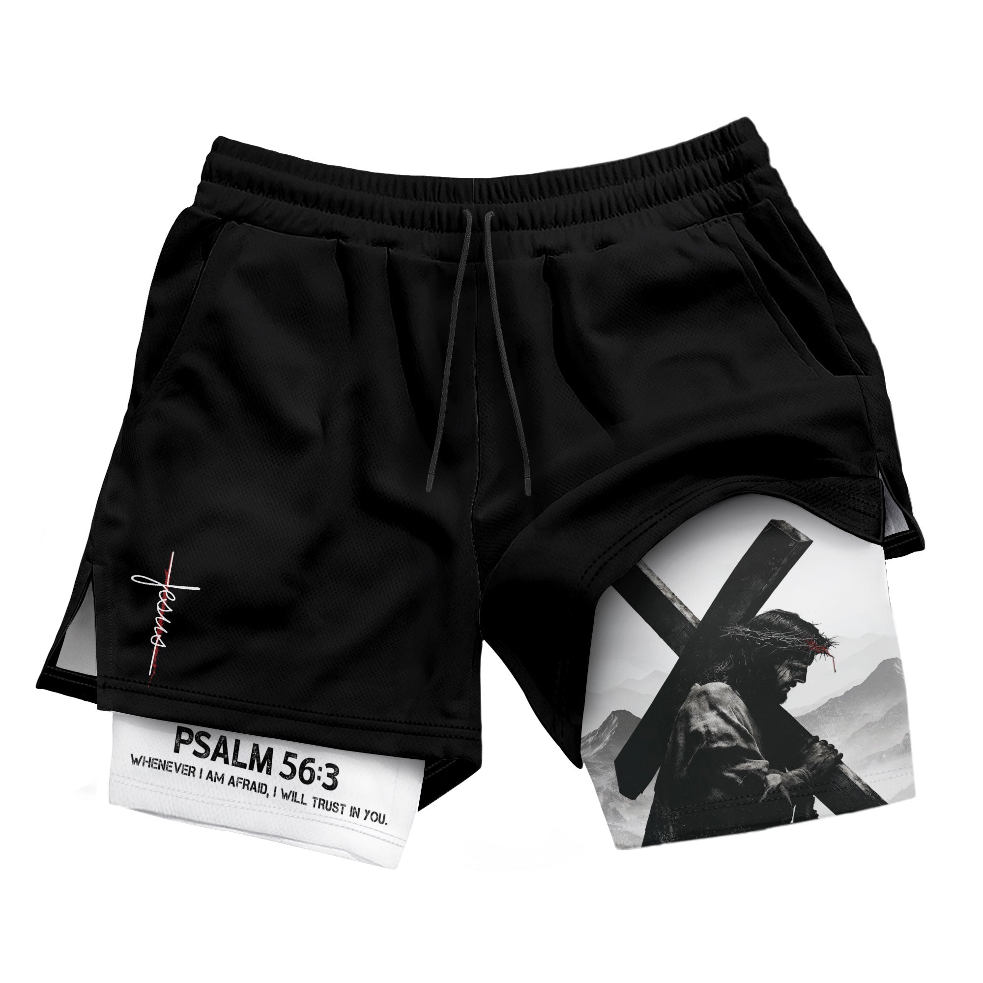 Psalm 56:3 Jesus Carrying the Cross Christian Gym Shorts - Rust Field Wear