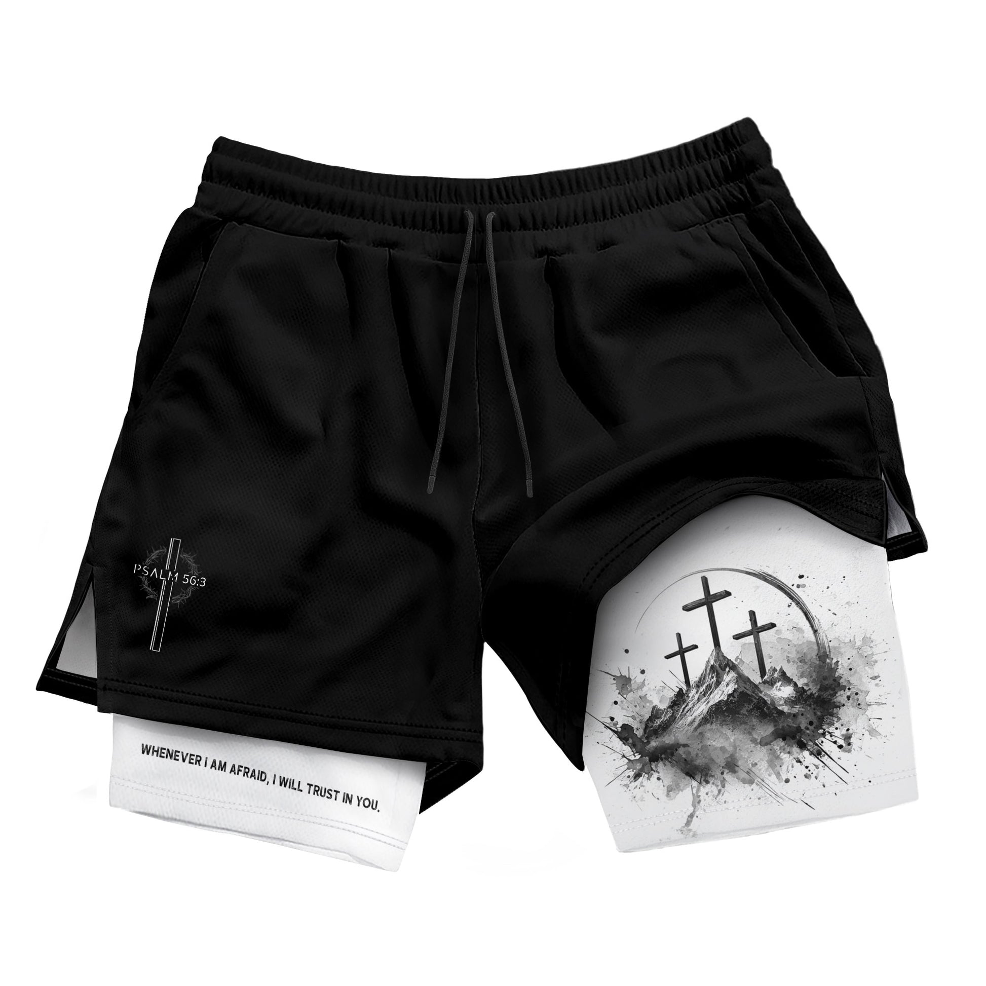 Psalm 56:3 Three Crosses Christian Gym Shorts Faith Over Fear - Rust Field Wear