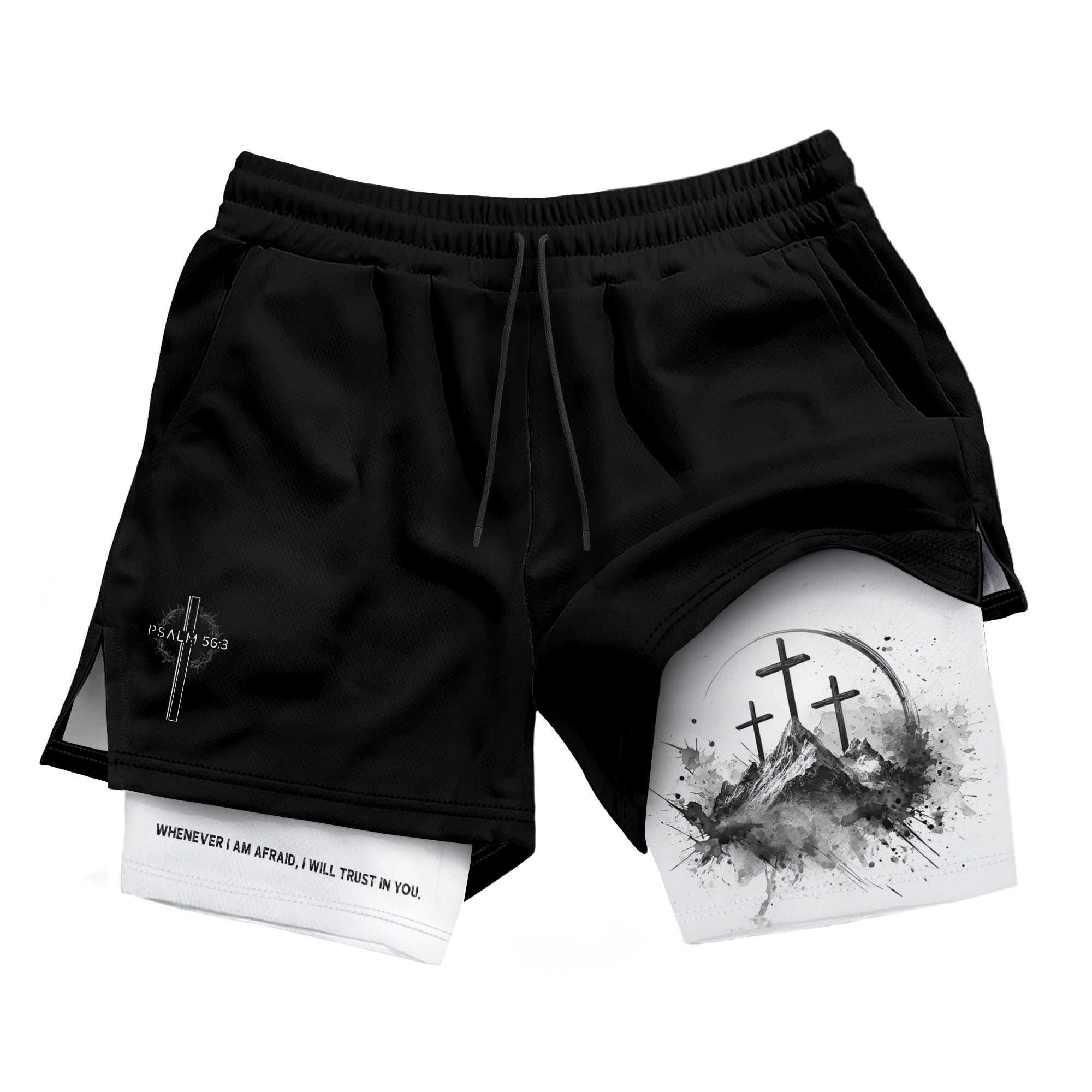 Psalm 56:3 Three Crosses Christian Gym Shorts Faith Over Fear - Rust Field Wear