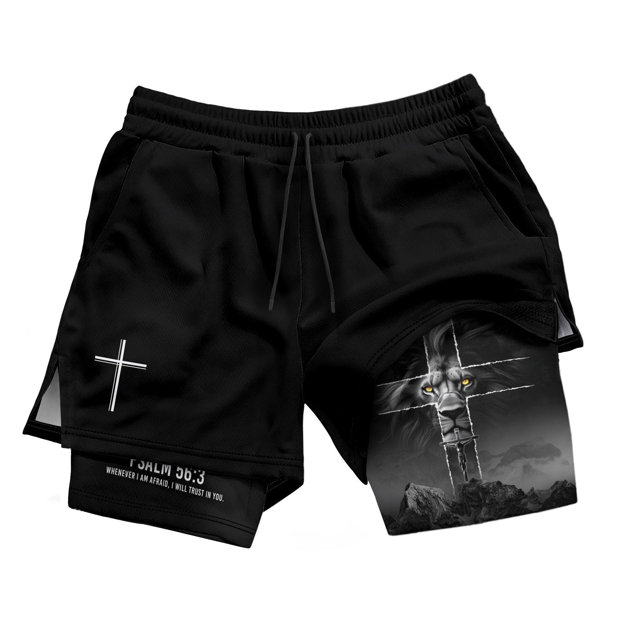 Psalm 56:3 Lion Cross Christian Gym Shorts Faith Over Fear - Rust Field Wear
