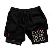 Faith Over Fear Christian Gym Shorts for Men Psalm 27:1 Red Cross
