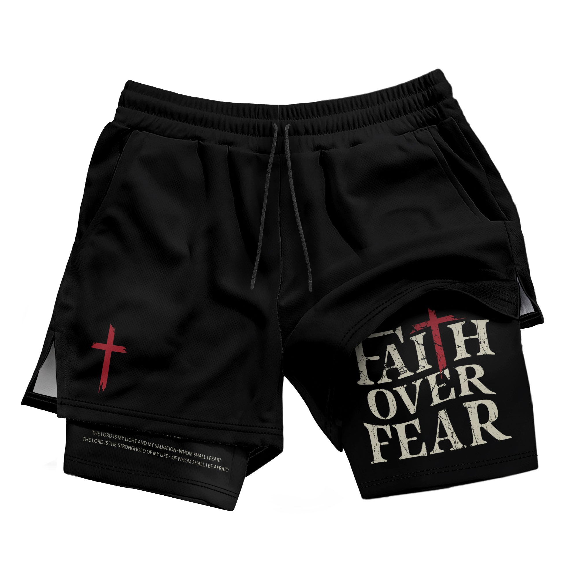 Faith Over Fear Christian Gym Shorts for Men Psalm 27:1 Red Cross - Rust Field Wear