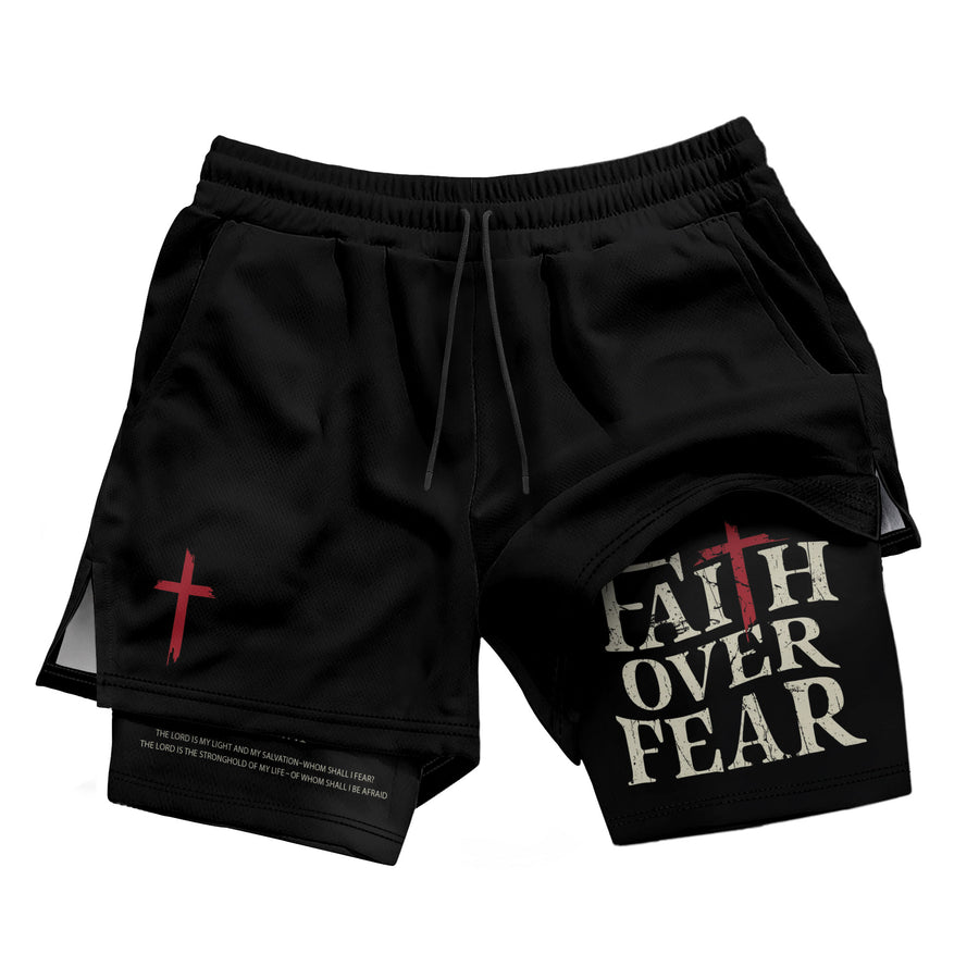 Faith Over Fear Christian Gym Shorts for Men Psalm 27:1 Red Cross