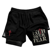 Faith Over Fear Christian Gym Shorts for Men Psalm 27:1 Red Cross upsale - Rust Field Wear