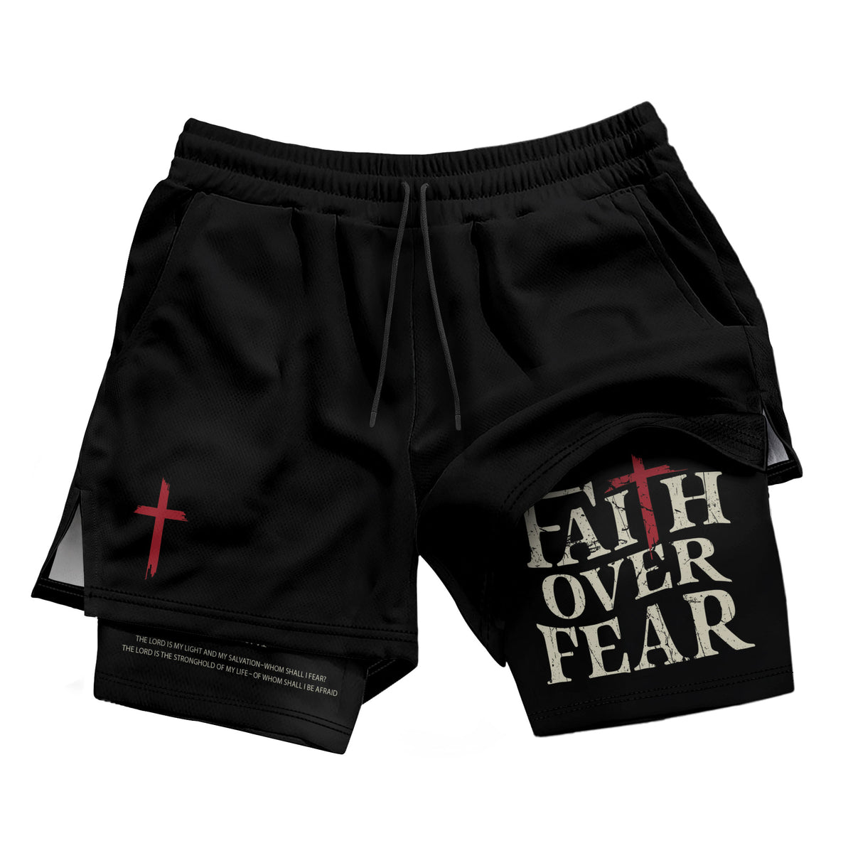 Faith Over Fear Christian Gym Shorts for Men Psalm 27:1 Red Cross upsale - Rust Field Wear