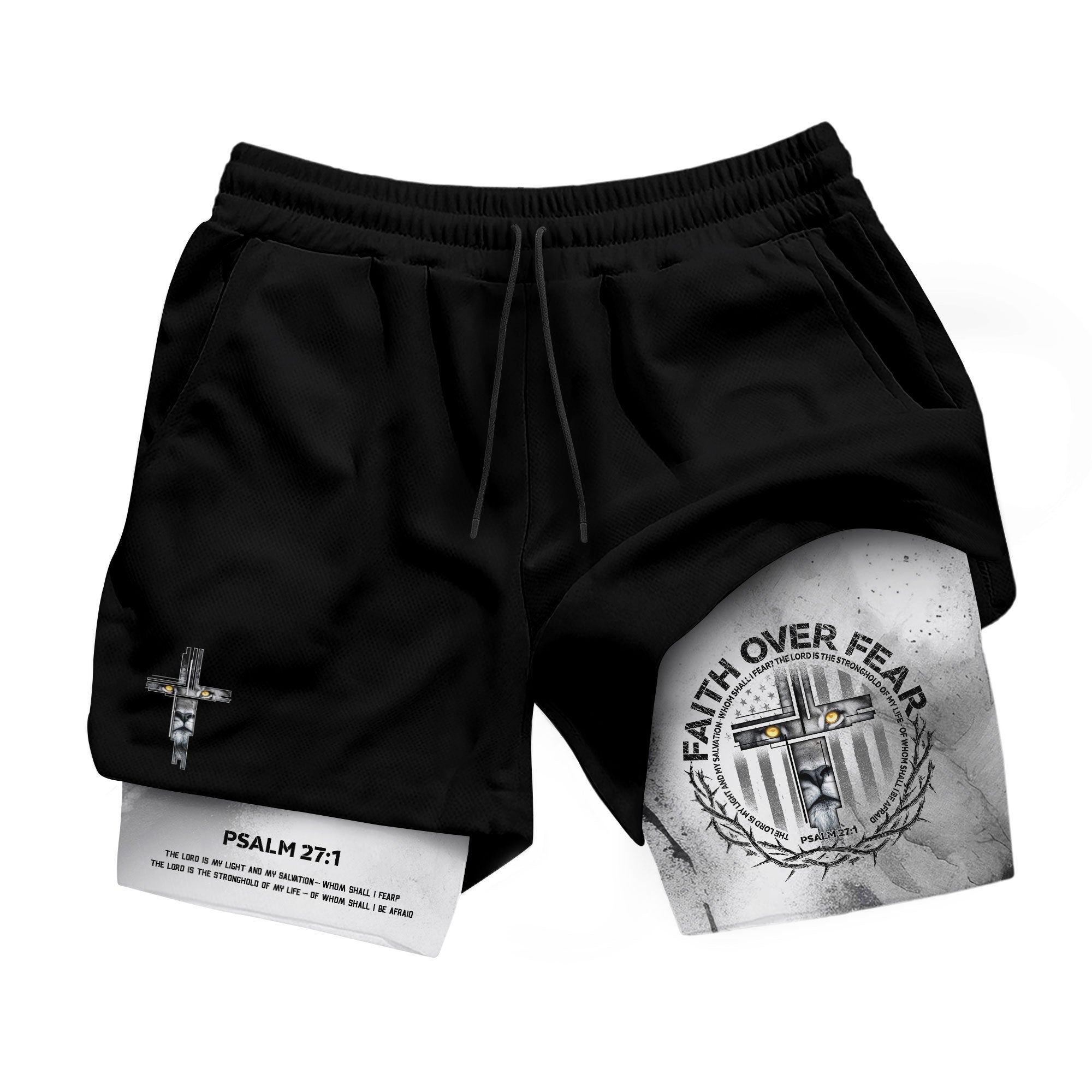 Faith Over Fear Christian Gym Shorts for Men Psalm 27 1 Armor Cross Lion