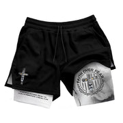 Faith Over Fear Christian Gym Shorts for Men Psalm 27:1 Armor Cross Lion - Rust Field Wear